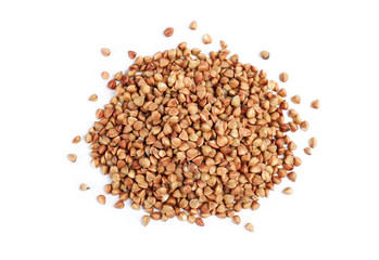 Uncooked buckwheat on white background. Healthy diet