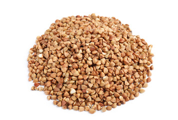 Uncooked buckwheat on white background. Healthy diet