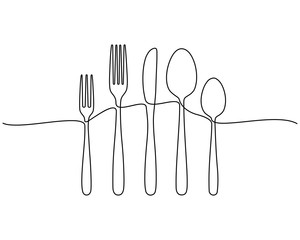 Continuous one line drawing of restaurant logo. plate, knife, fork and spoon. Black and white vector illustration. - Vector