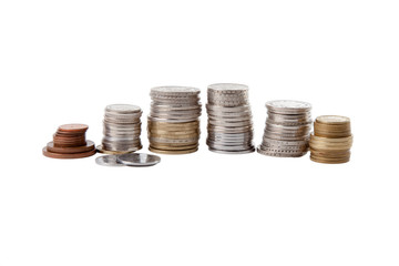 Coins of different countries folded in six columns on a white isolated background