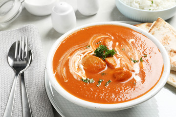 Delicious butter chicken served on table. Traditional Murgh Makhani dish