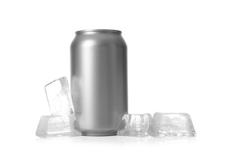 Tin can and ice cubes on white background