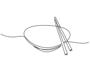 Continuous line drawing. bowl with a pair of isolated chopsticks on a white background. Vector