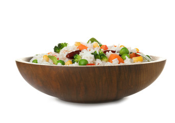 Bowl with tasty rice and vegetables on white background