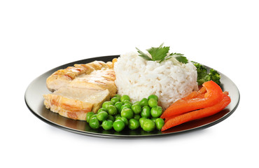 Plate with tasty rice, vegetables and meat on white background