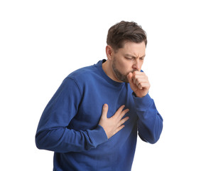 Man suffering from cough isolated on white