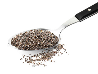 Spoon and chia seeds isolated on white