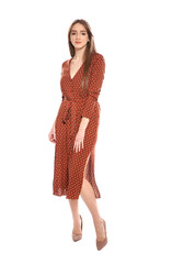 Portrait of beautiful young woman on white background