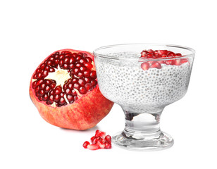 Dessert bowl of tasty chia seed pudding with pomegranate isolated on white