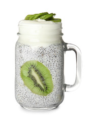 Mason jar of tasty chia seed pudding with kiwi isolated on white