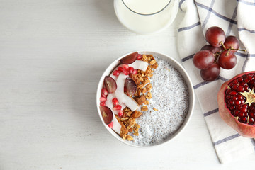 Tasty chia seed pudding served on table, flat lay. Space for text