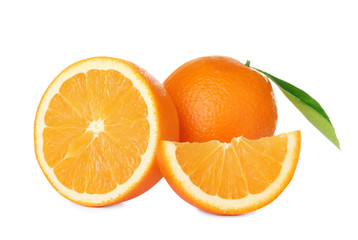 Fresh ripe oranges isolated on white. Citrus fruit