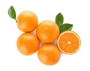 Fresh oranges on white background, top view