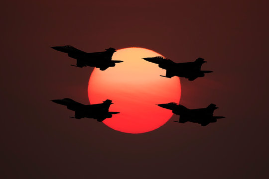 Silhouette of F/16A, F/16B passing the sun to show for regulation.
