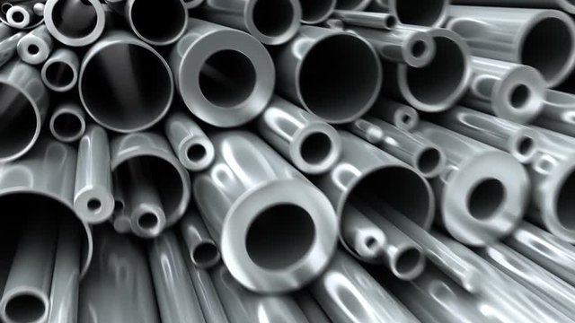Set of steel or aluminum round tubes different diameters. Metal pipes warehouse. 3d animation