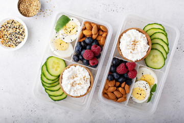 Lunch or snack box with high protein food, cottage cheese, nuts and eggs