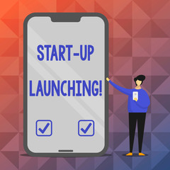 Text sign showing Start Up Launching. Conceptual photo Launch starting strategies of an newly emerged business