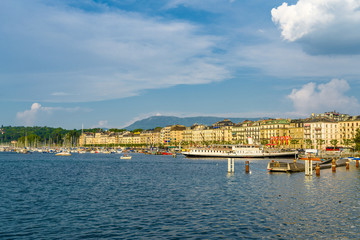 Shore of clear Geneva lake in Switzerland