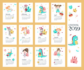 Fototapeta na wymiar 2019 calendar vector template with princess, knight, dragon