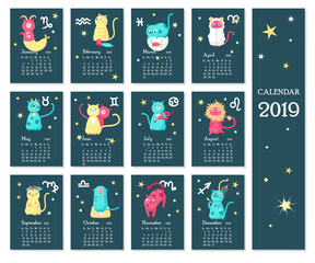 2019 zodiac calendar vector template with cute cats