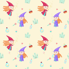 Vector seamless pattern with cute little enchantresses