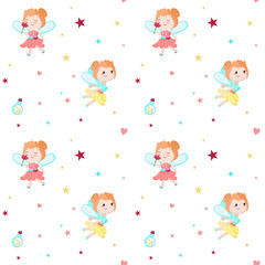 Vector seamless pattern with cute little fairies