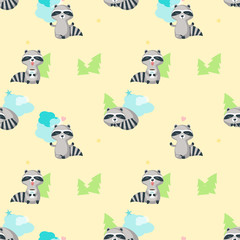 Vector seamless pattern with cute funny raccoons