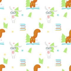 Vector seamless pattern with cute reading animals