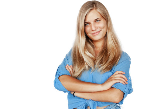 Young Beautiful Girl Woman Blond With Long Hair And Blue Eyes In A Blue Shirt Isolated White Background