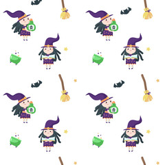 Vector seamless pattern with cute little Halloween witch