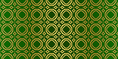 Seamless Patterns Set, Abstract Traditional Geometric Texture. Ornament For Interior Design, Greeting Cards, Birthday Or Wedding Invitations, Paper Print. Ethnic Background In East Style. Green gold