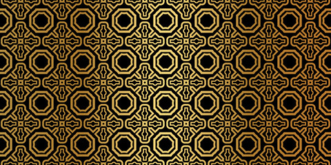Geometric Seamless Pattern. Modern Traditional Geometric Ornament. Vector Illustration. For The Interior Design, Wallpaper, Decoration Print, Fill Pages, Invitation Card, Cover Book. Black gold color - obrazy, fototapety, plakaty