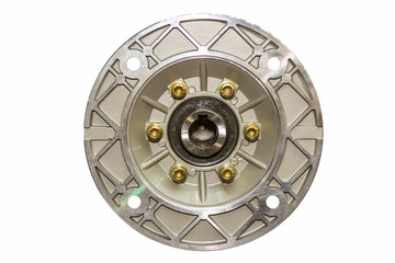 Obraz premium Close up Front in put flange of gearbox or worm gear for industrial isolated on white background