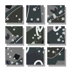 Collection of monochrome backgrounds with bright abstract drawings. Dynamic compositions with chaotic strokes, stains and sprayed paint. Perfect for brochures, advertising, invitations, postcards