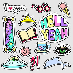 Set of colorful cartoon badges. Vector illustration use as patch, sticker, pin.