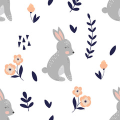 Cute cartoon rabbit seamless pattern. Rabbit and flowers vector illustration.