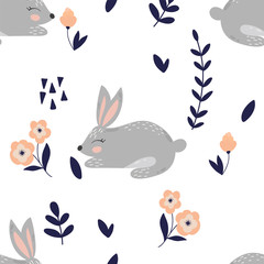 Cute cartoon rabbit seamless pattern. Rabbit and flowers vector illustration.