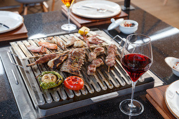 grilled meat and vegetables in restaurant