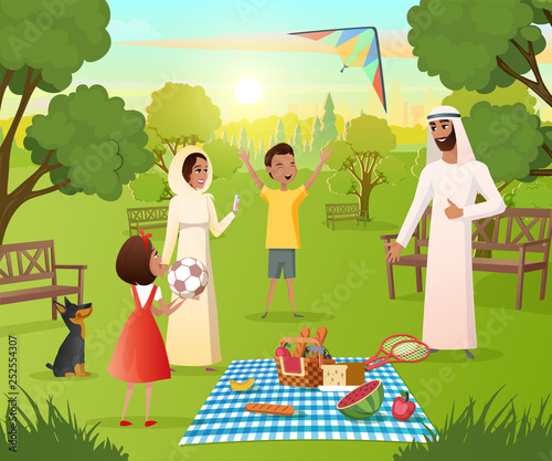 Happy Muslim Family on Picnic In City Park Vector" Stock image and