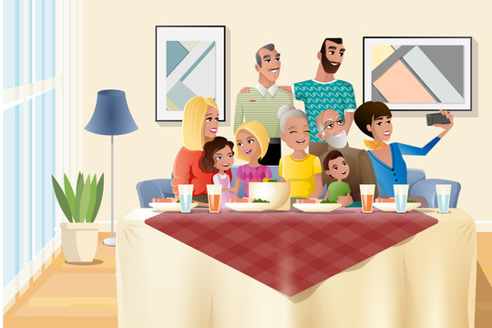 Big Family Holiday Dinner at Home Cartoon Vector