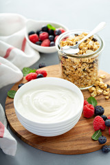 Plain yougurt with granola and berries on side
