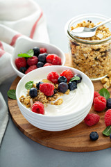 Plain yougurt with granola and berries on side, fresh, healthy and colorful breakfast