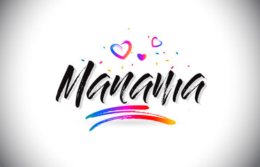 Manama Welcome To Word Text with Love Hearts and Creative Handwritten Font Design Vector.