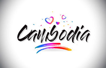 Cambodia Welcome To Word Text with Love Hearts and Creative Handwritten Font Design Vector.