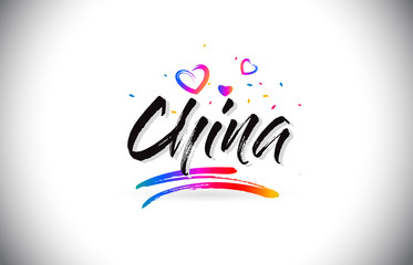 China Welcome To Word Text with Love Hearts and Creative Handwritten Font Design Vector.