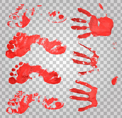 Bloody handprints and feet. Blood splatter