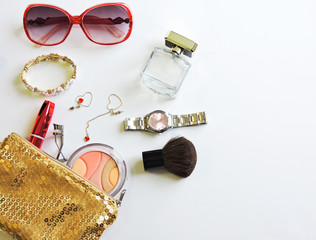 Set of decorative cosmetics on white  background. Flat composition. magazines, social media. Top...