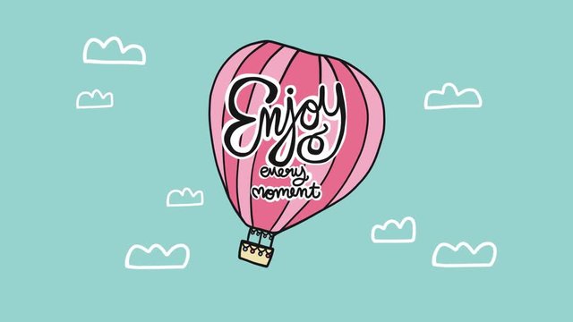 Enjoy every moment lettering word on pink hot air balloon cartoon doodle style