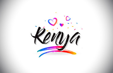 Kenya Welcome To Word Text with Love Hearts and Creative Handwritten Font Design Vector.