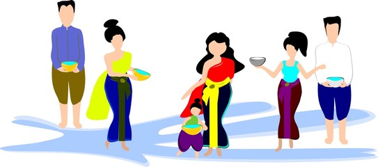 Fototapeta na wymiar cartoon illustration, Women and men Thai national clothing, Songkran, children playing water and family days, parent-child activities together on holidays, 